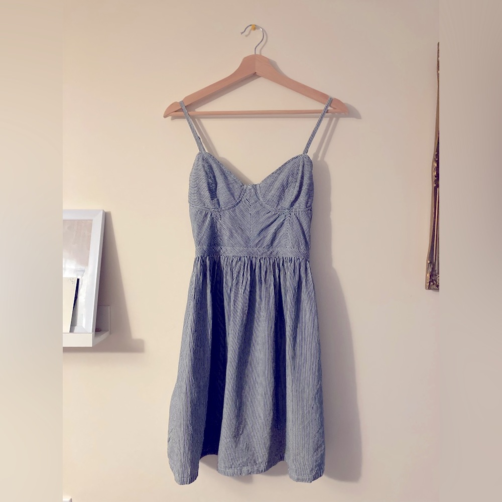 Red Tulips Blue and White Pinstripe Dress Fit and Flare Denim Look 100% Cotton